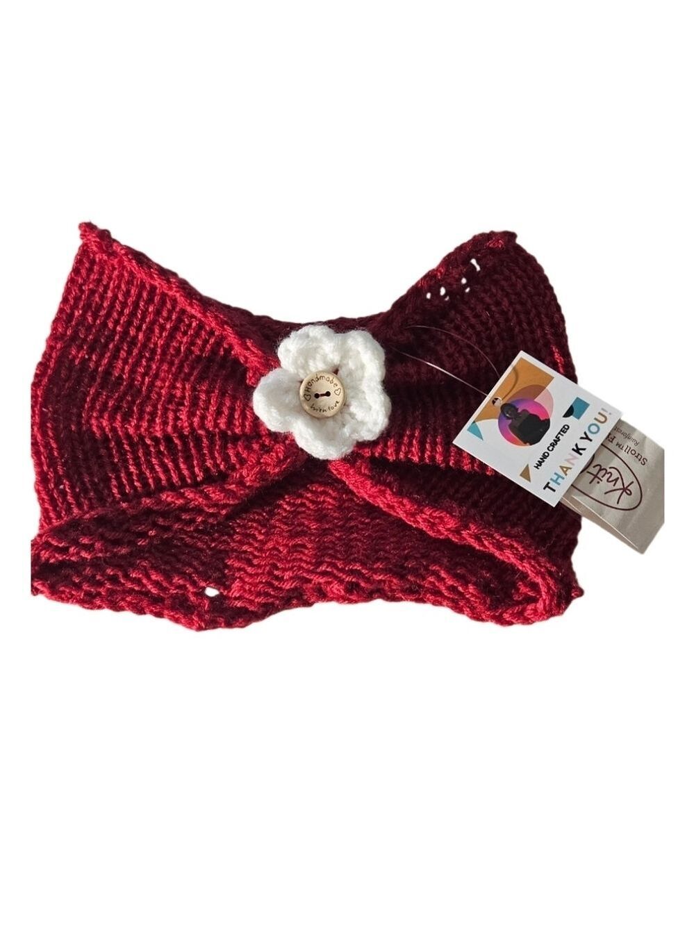 Hand Crafted 3 in 1 hair accessory crochet floral ear warmer Winter headband red